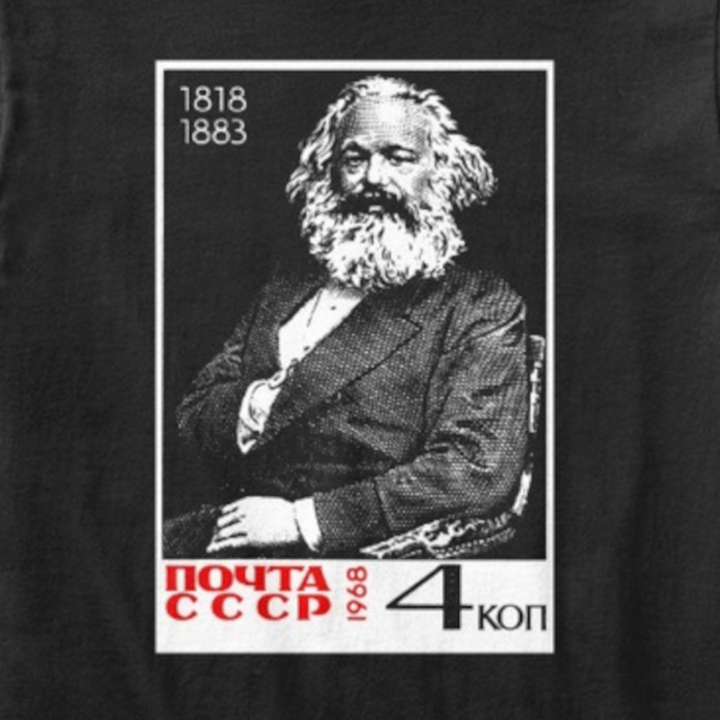 Portrait of Collin (it is a picture of crit-drip merch featuring karl marx)